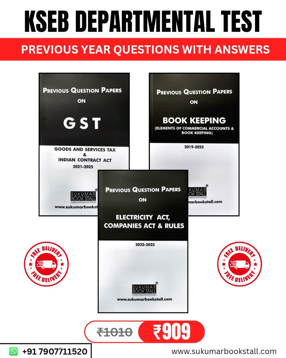 Combo - Previous Questions with Answer Key for KSEB Departmental Exam - Free Home Delivery | GST | Indian Contract Act | Book Keeping | Companies Act & Rules | Electricity Act