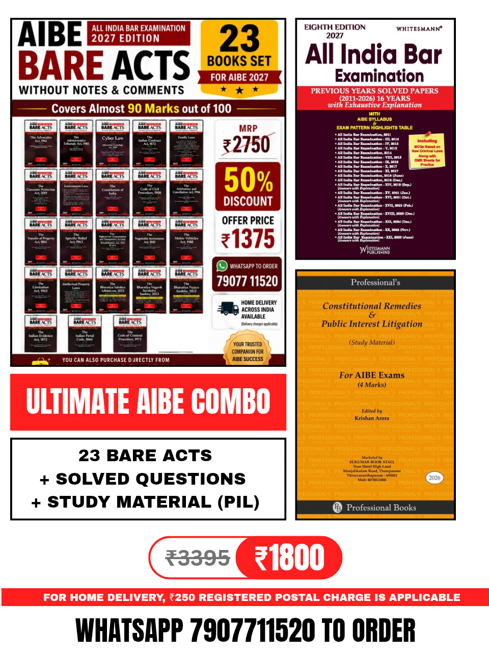 Ultimate AIBE Combo - 23 Bare Acts without Comments + AIBE Solved Previous Questions (2011-2026) + Study Material for Constitutional Remedies & Public Intrest Litigation