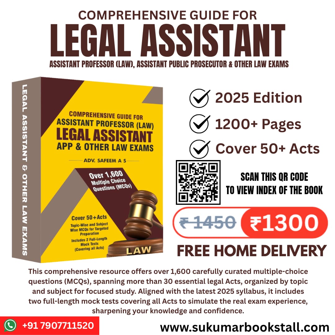 Guide for Legal Assistant , Assistant Professor (Law), Assistant Public Prosecutor & Other Law Exams by Adv. Safeem A S | Free Home Delivery | 2025 Edition | Sukumar Book Stall