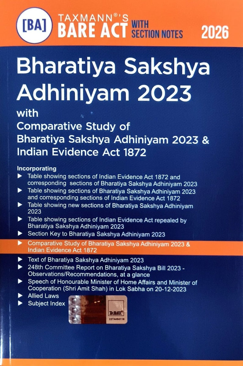 2026 Edition - Taxmann's Bare Act on Bharatiya Sakshya Adhiniyam ( BSA ) | Contains Section Notes | Free Home Delivery